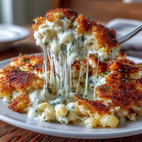 Rich Four-Cheese Mac & Cheese Bake featuring melted cheddar, Gouda, mozzarella, and blue cheese for ultimate comfort.  