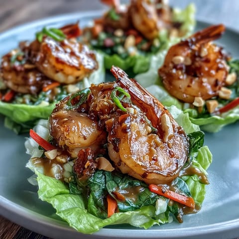 Colorful shrimp lettuce wraps topped with vibrant julienned carrots, bell peppers, and cucumber, drizzled with rich peanut sauce for a healthy appetizer.  