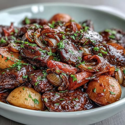 Hearty Japanese Nikujaga stew with tender beef, potatoes, and carrots in a sweet soy sauce.