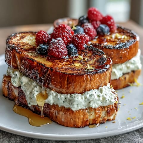 Creamy ricotta spread on crispy sourdough, finished with a luscious salted honey drizzle and fresh berries for an elegant brunch toast.