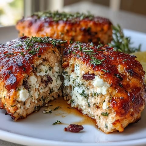2. Flavorful chicken patties infused with sun-dried tomatoes, parsley, and creamy feta, perfect for a quick Mediterranean-inspired meal.  