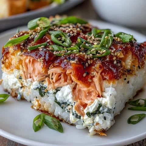 Rich salmon sushi bake featuring shredded fish, spicy mayo, and seasoned rice, topped with furikake and green onions for a vibrant meal.