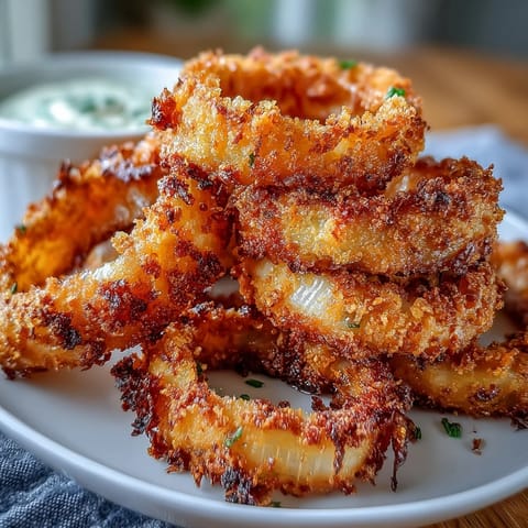 Crispy baked onion rings with smoky paprika dip, golden and crunchy with a creamy, zesty side.
