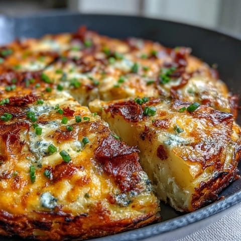 Golden skillet frittata loaded with tender potatoes, fresh spring onions, and rich cheddar—an easy vegetarian main dish.  
