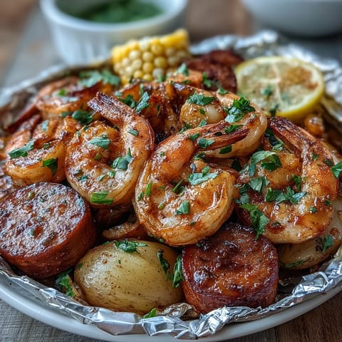 Vibrant Cajun shrimp and sausage foil packets with tender potatoes, sweet corn, and zesty lemon slices, all roasted to perfection.  