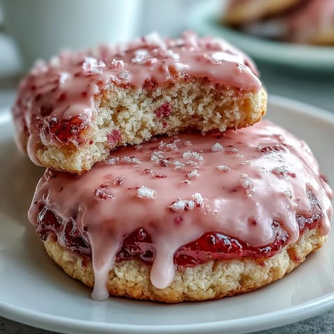 A batch of soft strawberry sugar cookies with pink icing, topped with a luscious strawberry glaze and sprinkled with crushed freeze-dried berries.