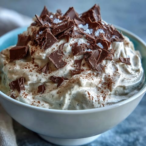 Fluffy Yogurt Protein Mousse with Cocoa and Sea Salt topped with fresh berries and shaved dark chocolate.