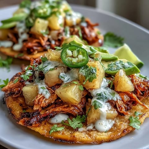 Colorful chicken pineapple salsa tostadas served with zesty lime crema, fresh avocado, and cilantro garnish.