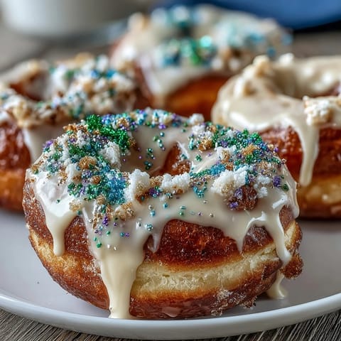 Vibrant King Cake donuts with colorful Mardi Gras sprinkles on a vanilla glaze, perfect for festive celebrations.