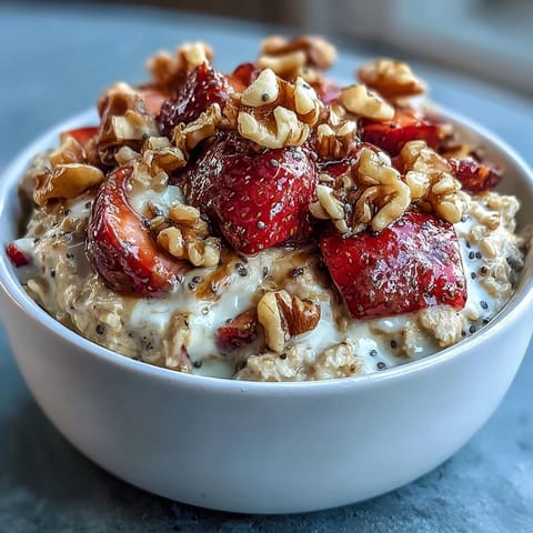 Strawberry Banana Bread Overnight Oats with Walnuts in a jar topped with fresh strawberries and banana slices.