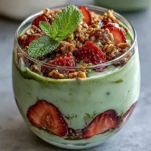 Refreshing strawberry matcha yogurt parfait topped with sliced strawberries and granola, perfect for a nutritious morning treat.  