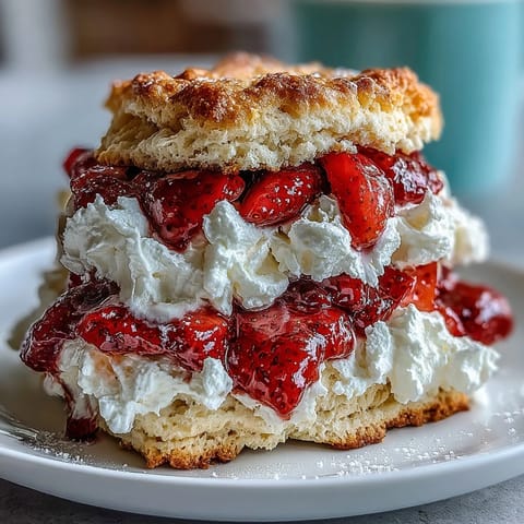 Classic strawberry shortcake with golden biscuit layers and fresh whipped cream, perfect for summer gatherings.  