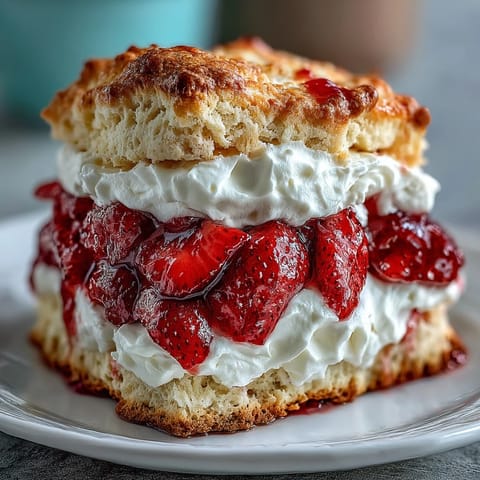 A slice of classic strawberry shortcake with tender biscuit layers, juicy macerated strawberries, and fluffy whipped cream topping.  