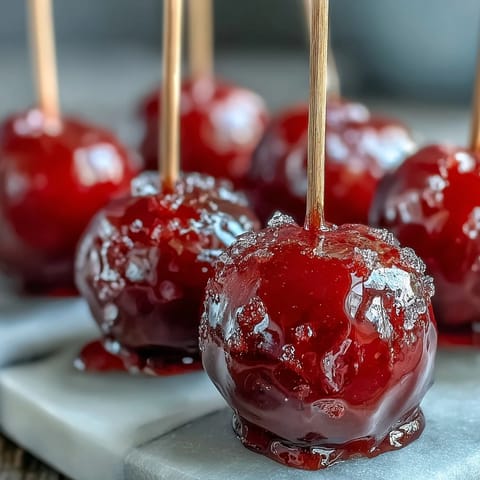 Mini candy apples on sticks, glossy red candy coating encasing crisp apple bites, perfect for festive parties and kids' snacks.  