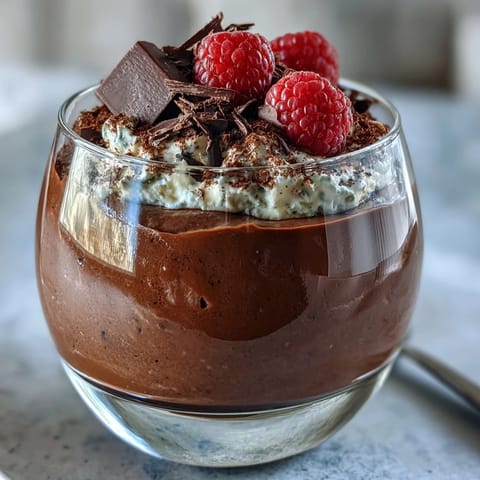 Silky high-protein cottage cheese chocolate mousse blended with cocoa and dark chocolate, topped with fresh berries and shaved chocolate.
