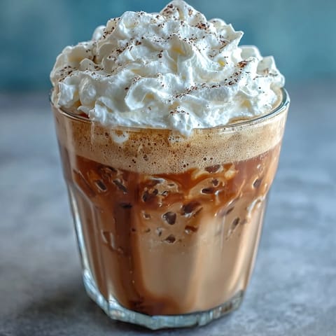 A creamy iced vanilla bean frappuccino topped with fluffy coconut whipped cream and a sprinkle of cinnamon.