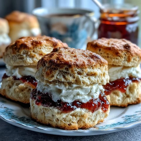 Golden scones split open, topped with rich clotted cream and vibrant fruit jam for an elegant tea service.  