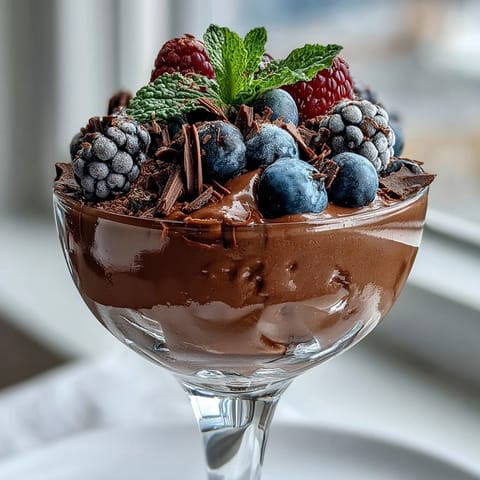 Velvety chocolate mousse made with cottage cheese, served in elegant cups and garnished with vibrant mixed berries and dark chocolate shavings.  