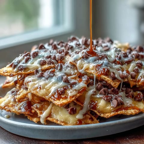 Candy Apple Nachos with Caramel Drizzle and Chocolate Chips: Colorful apple nachos drizzled with warm caramel and sprinkled with chocolate chips, perfect for parties or dessert boards.