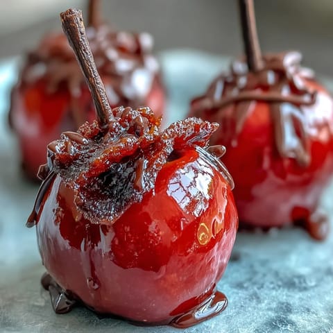 Classic Red Candy Apples with White Chocolate Drizzle, glossy and vibrant, on a parchment-lined tray ready for dessert.