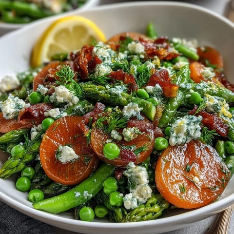 A vibrant spring salad with crisp radishes, sweet peas, and mixed greens, drizzled with zesty lemon vinaigrette and fresh herbs.