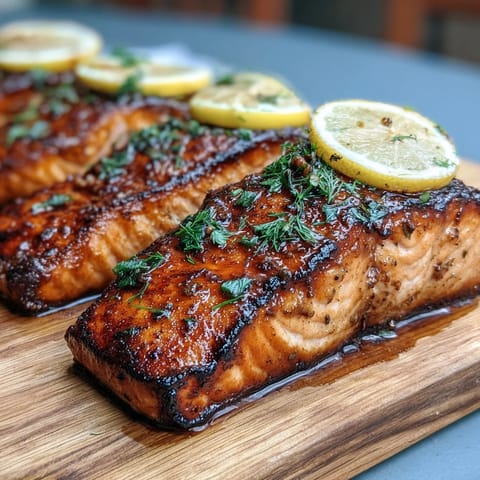 Cedar plank salmon with lemon and dill, grilled to perfection and infused with smoky cedar aroma.