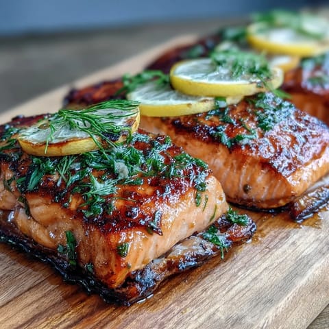 Tender salmon fillets on a cedar plank, garnished with fresh dill and bright lemon slices.