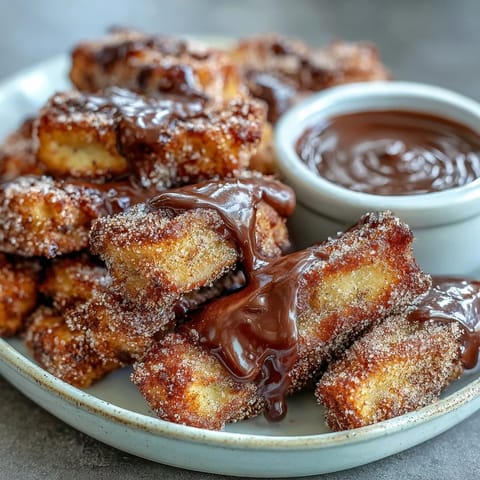 Crispy cinnamon sugar churro bites served with a rich, glossy chocolate dipping sauce for a festive Cinco de Mayo dessert.