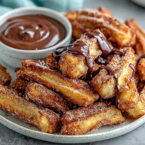Bite-sized churro bites with golden, crunchy exteriors and soft centers, dusted in cinnamon sugar and paired with warm chocolate sauce.