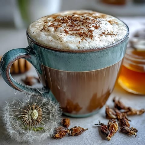 A creamy dandelion tea latte with oat milk and honey, topped with a sprinkle of cinnamon.