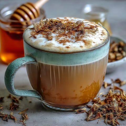 A warm, soothing dandelion tea latte with oat milk and honey, perfect for a cozy moment.