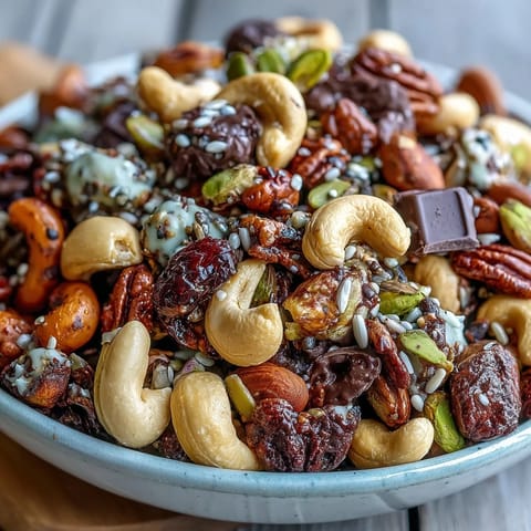 Homemade Trail Mix with Dark Chocolate features crunchy nuts, chewy dried fruits, and rich chocolate chunks in a colorful bowl.