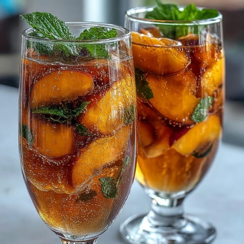 Refreshing summer beverage of mango and peach blended with black tea, topped with sparkling water and mint.