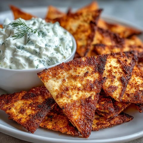 Golden, crispy homemade pita chips with creamy tzatziki dip — a fresh Mediterranean snack perfect for sharing.