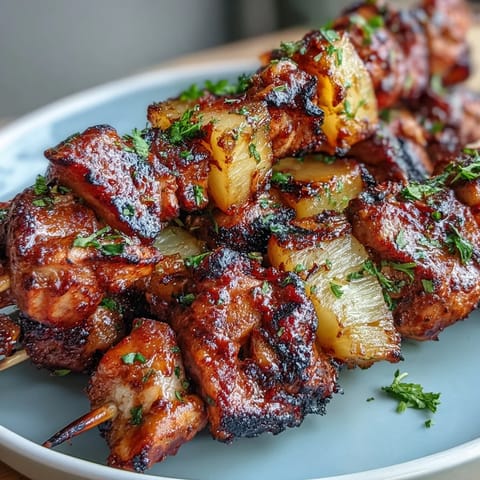 Juicy grilled chicken al pastor skewers packed with pineapple, ready for a summer BBQ spread.