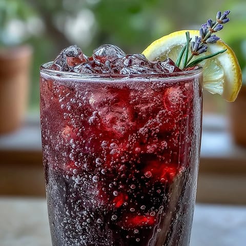 Vibrant blackberry lavender lemonade fizz garnished with fresh berries and herbs.