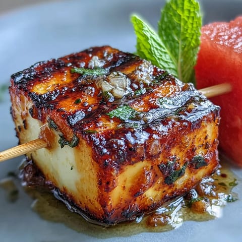 Grilled halloumi skewers with watermelon and mint, a vibrant summer appetizer.