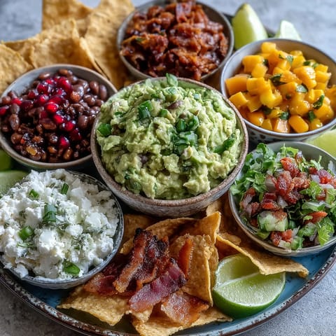 Colorful guacamole bar with five fresh, vibrant toppings for a party spread.