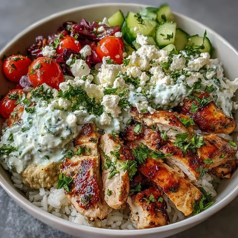Colorful Greek Chicken Bowls bursting with fresh tzatziki and creamy hummus.