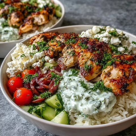 Juicy marinated chicken tops vibrant Greek Chicken Bowls with cool, creamy toppings.