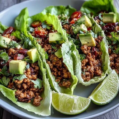Juicy Turkey Taco Lettuce Wraps piled high with fresh toppings and ready to eat.