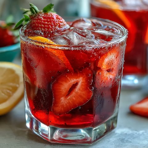 Beautiful Juneteenth Red Drink: Hibiscus Strawberry Lemonade, perfectly chilled.