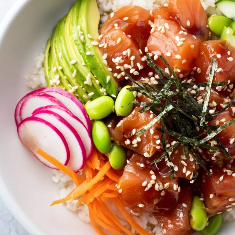 Close-up of a beautifully arranged poke bowl, featuring glistening fish and colorful, fresh ingredients.