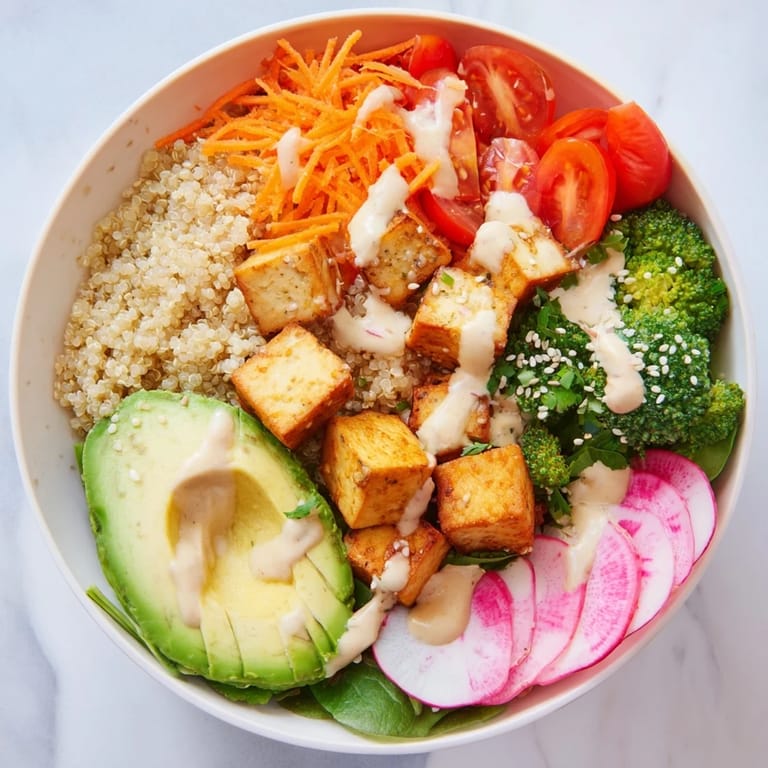 A visually appealing close-up of a Buddha bowl with tofu, radiating freshness and delightful flavors.