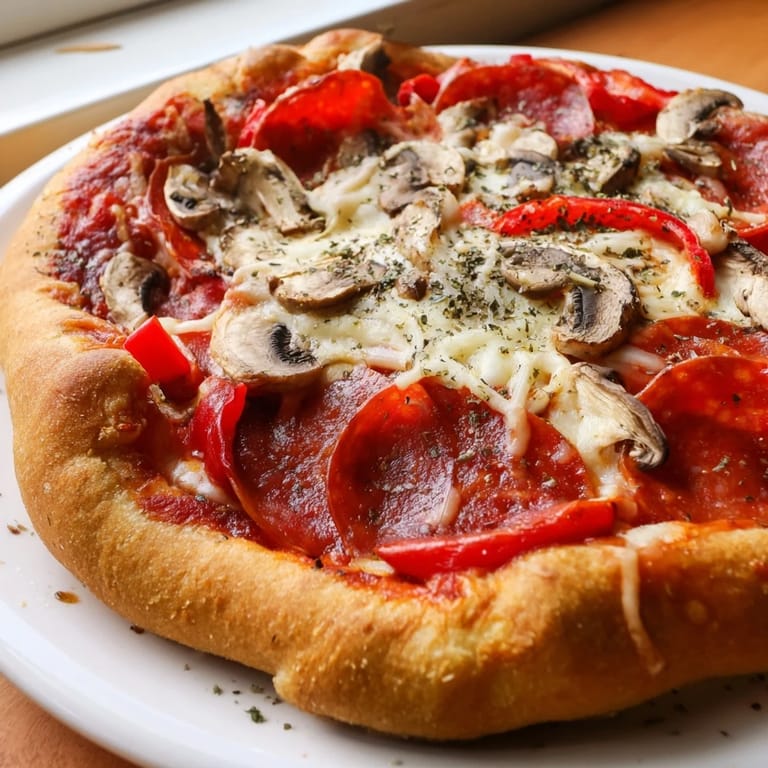 A slice of American comfort: this homemade stuffed crust pizza boasts bubbling mozzarella and crispy toppings.