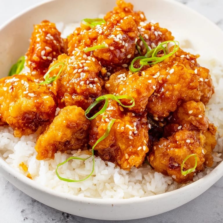 A steaming plate of flavorful General Tso's Chicken featuring crispy chicken pieces and a vibrant red sauce.