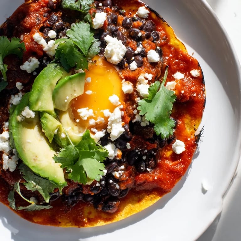 The vibrant Huevos Rancheros dish features runny egg yolks, black beans, and fresh cilantro garnish.