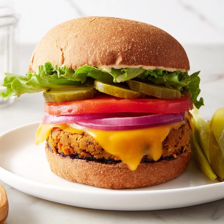 Juicy veggie burger with melted cheese and crisp red onion, a delicious vegetarian dinner option.