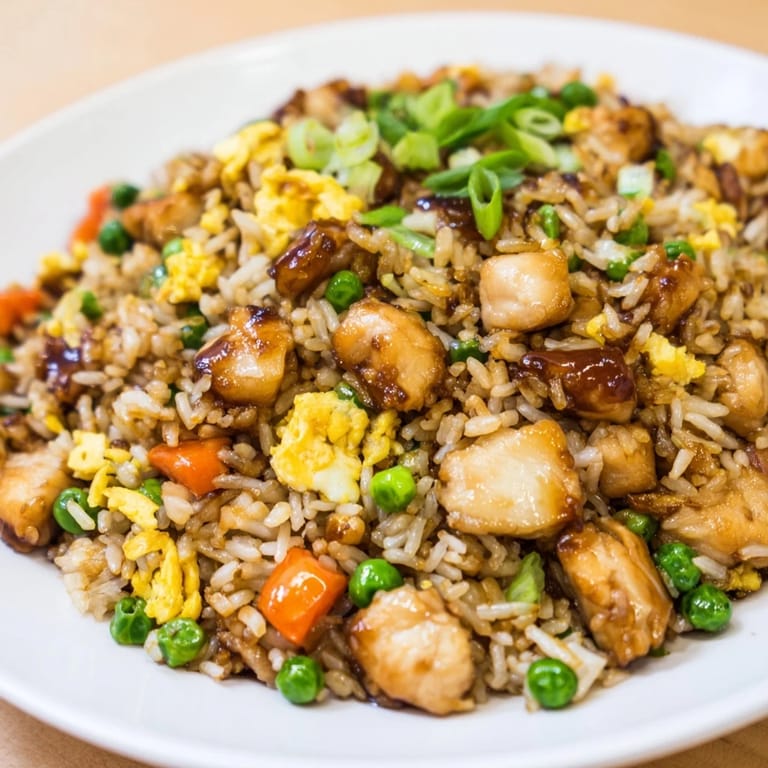 Steaming hot Chicken Fried Rice with fluffy rice and colorful veggies, a quick dinner idea.