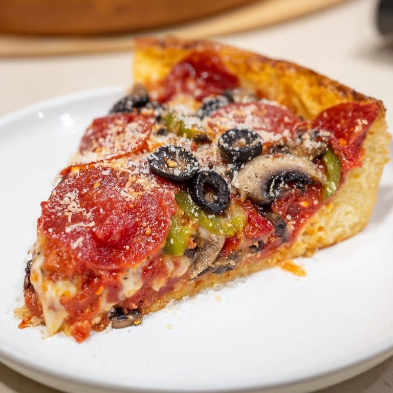 Freshly baked deep dish pizza featuring a thick crust and savory toppings, perfect for sharing.